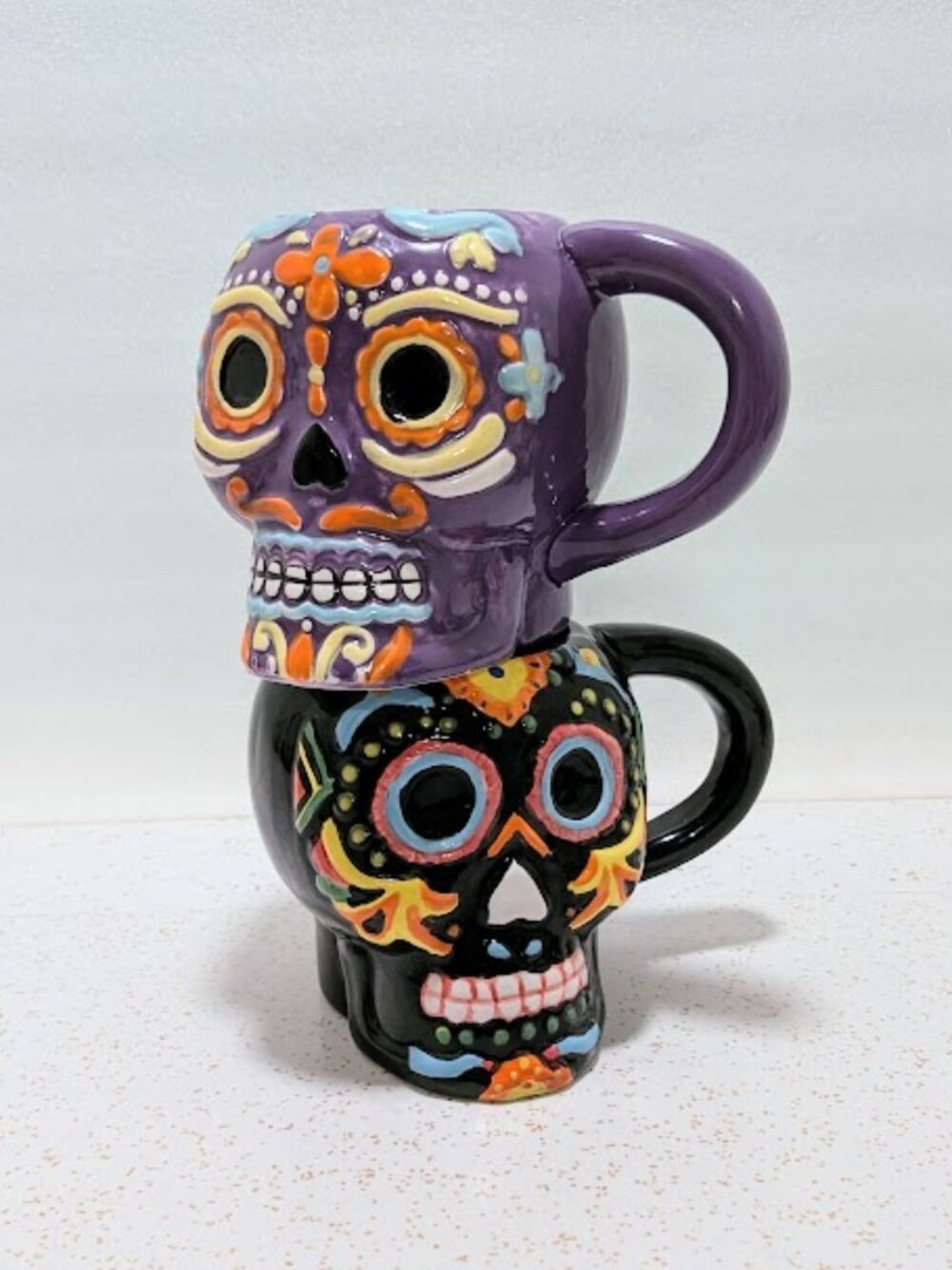 Holiday Home Day of the Dead Sugar Skull Mugs Set of 2 Black Purple 22.5oz